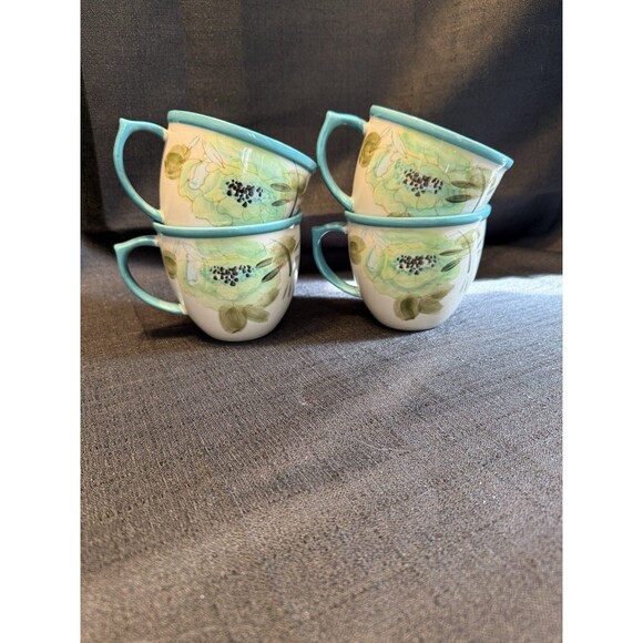 Pioneer Woman Vintage Flea Market Floral Turquoise 16 Oz Coffee Cups Mugs (4) - Picture 2 of 5